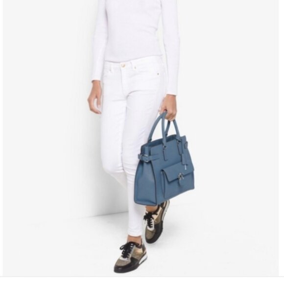 Michael Kors Tote Bag Emma Satchel Shoulder Crossbody Blue Pockets Leather - Picture 14 of 14